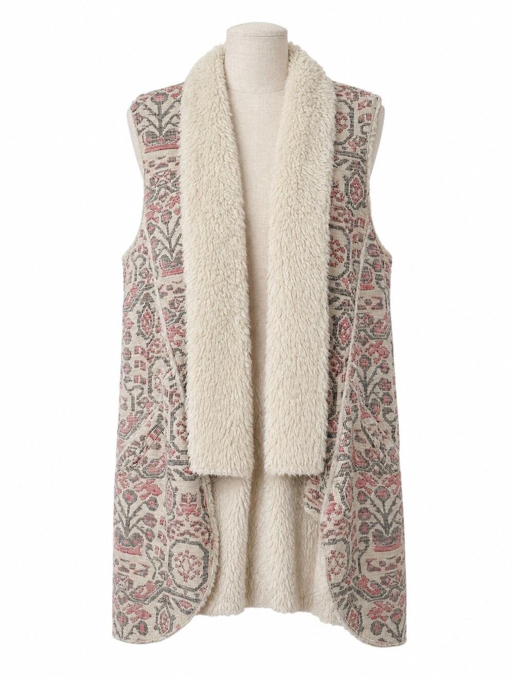 Anthropologie Hei Hei Tapestry Faux Shearling Vest Women’s L Boho Jacquard Fall